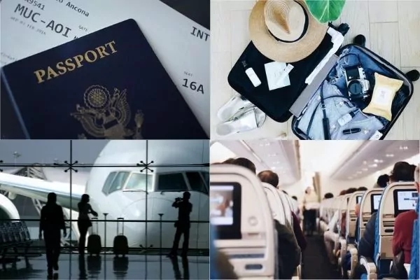 Pictures of passport, holiday luggage, airport viewing window, interior seats in an airplane