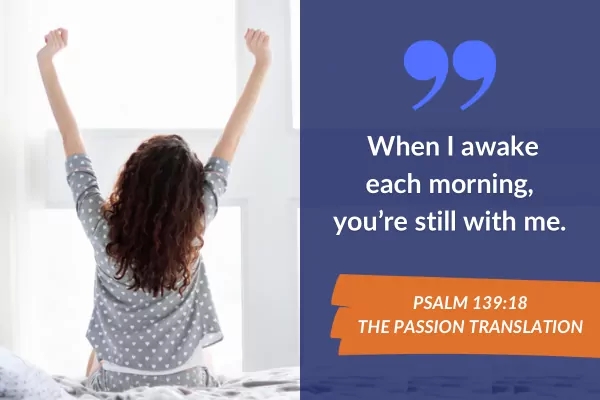 Picture of lady stretching with text: Psalm 139:18 The Passion translation