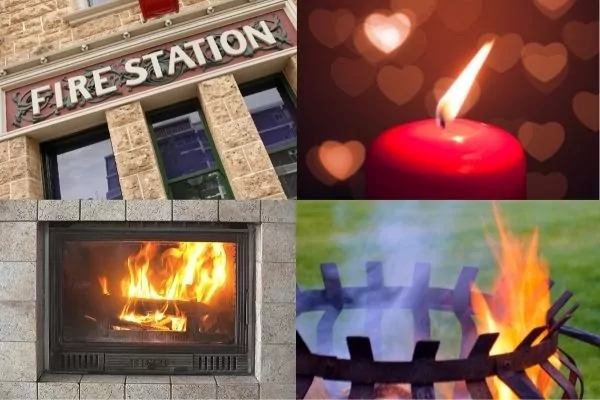 pictures of a fire station sign, a red candle with hearts, a  modren fireplace, a fire pit in the garden