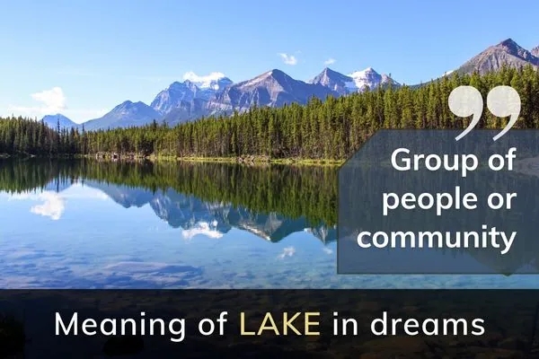Picture of lake and mountains, with text: meaning of lake in dreams, group of people or community